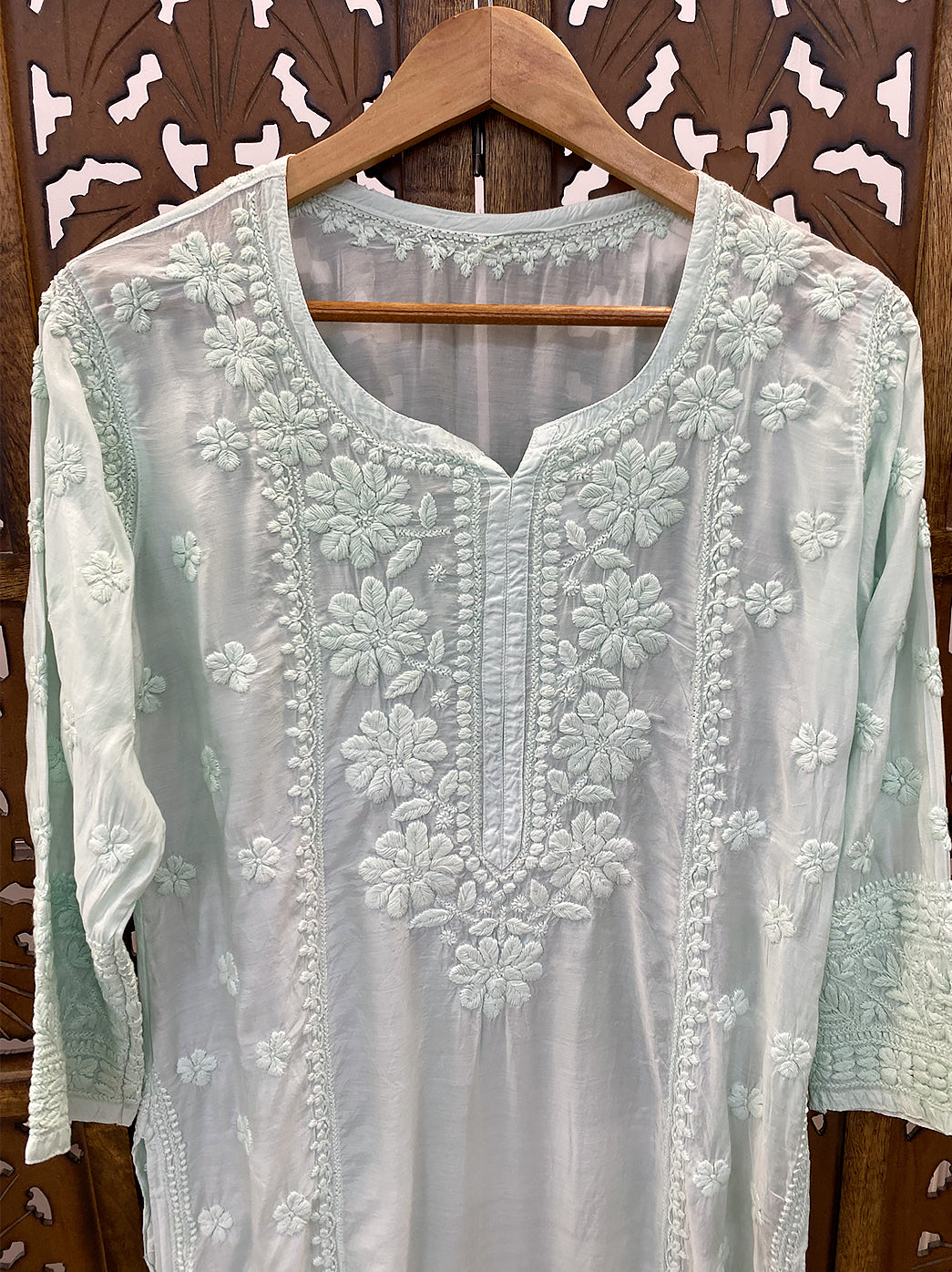 Sea Green Muslin Chikankari Straight Kurti
