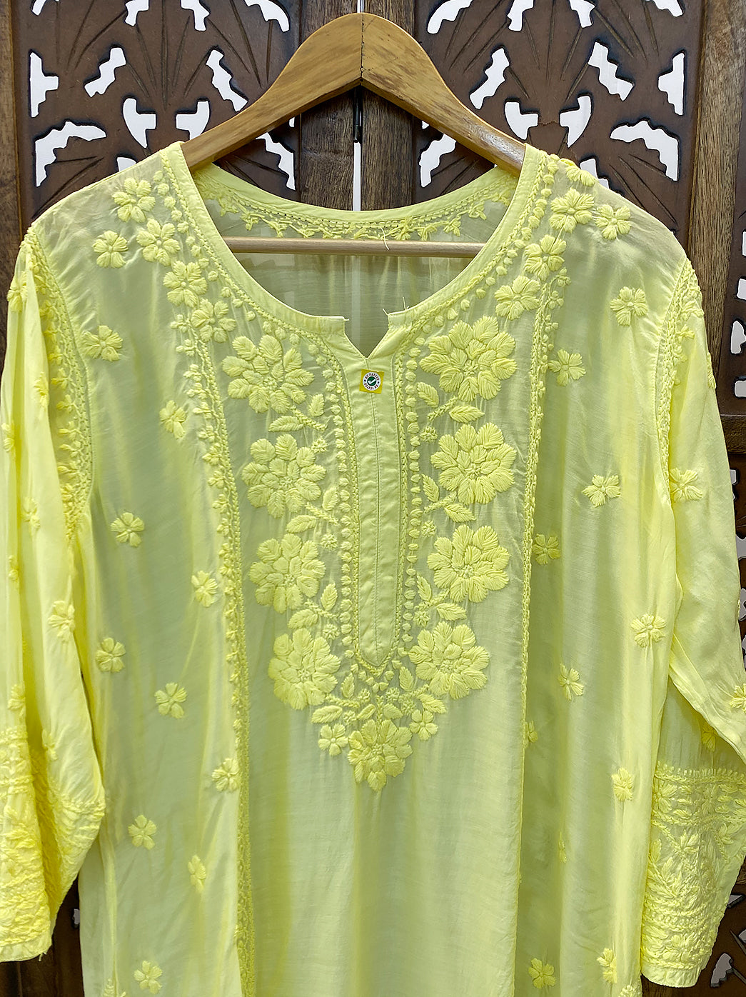 Lime Yellow Muslin Chikankari Straight Kurti