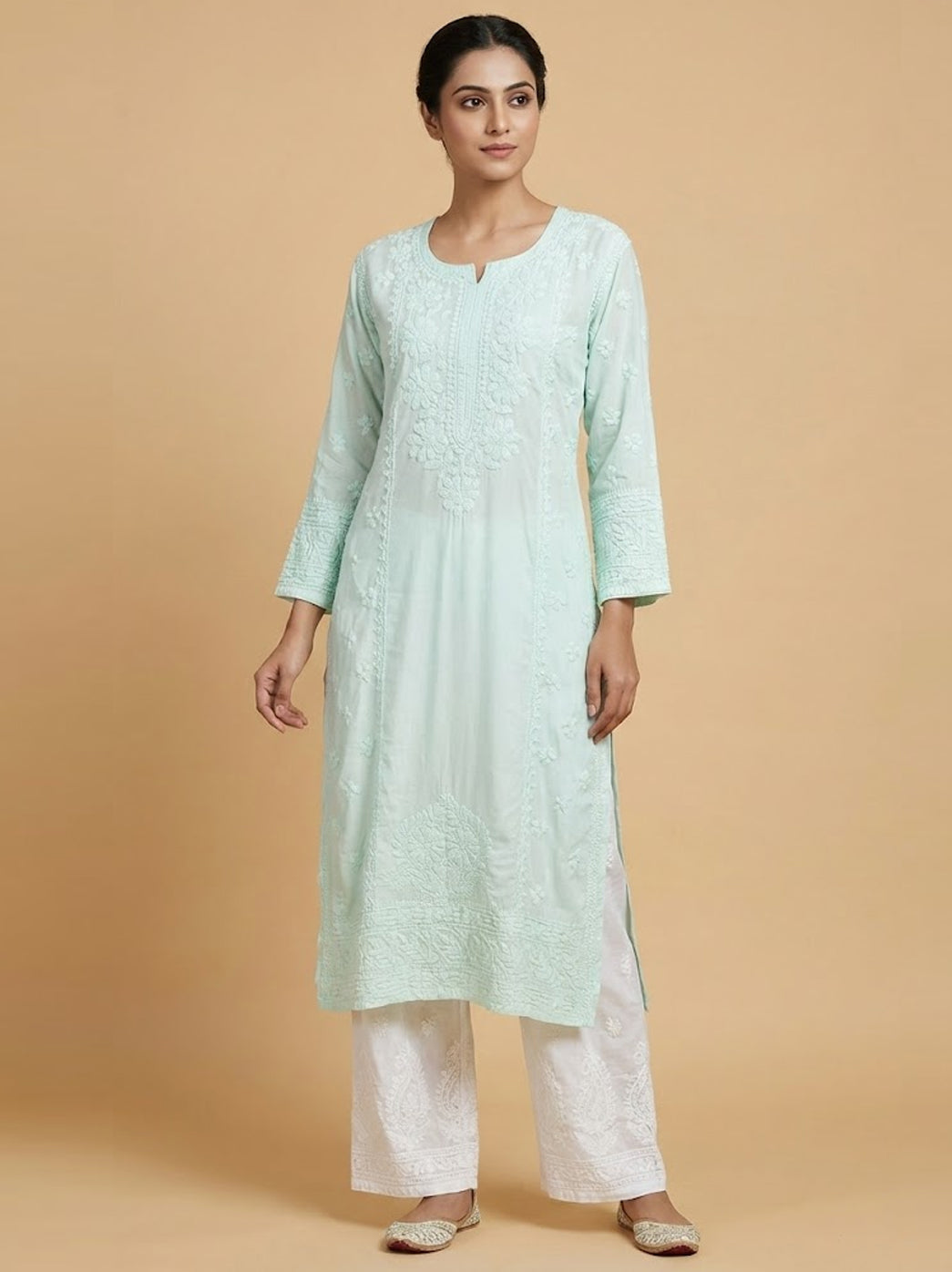 Sea Green Muslin Chikankari Straight Kurti