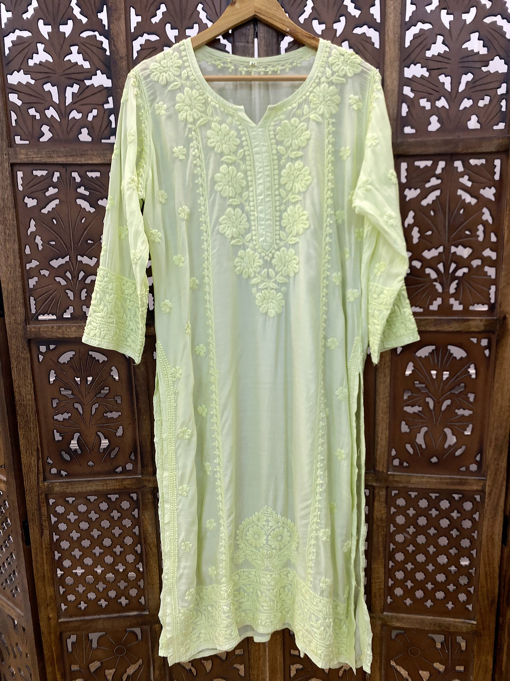 Pista Green Muslin Chikankari Straight Kurti