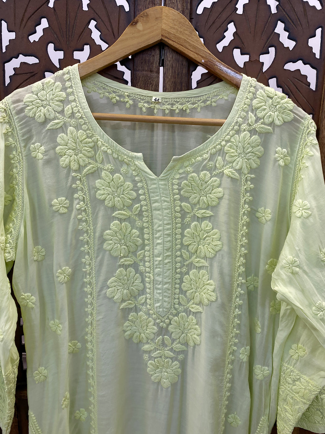 Pista Green Muslin Chikankari Straight Kurti