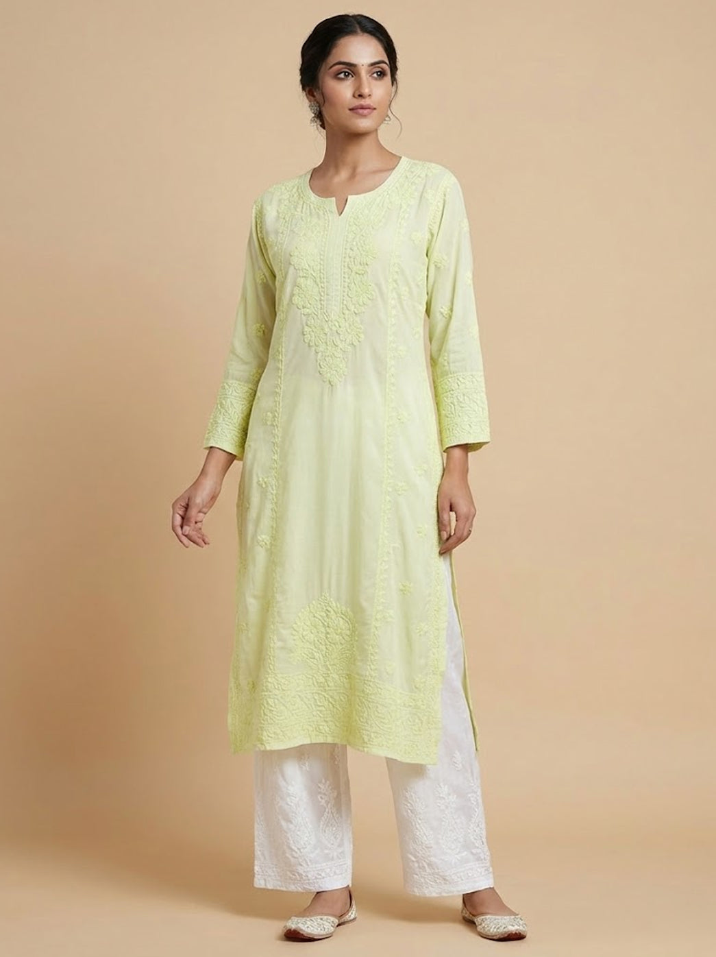 Pista Green Muslin Chikankari Straight Kurti