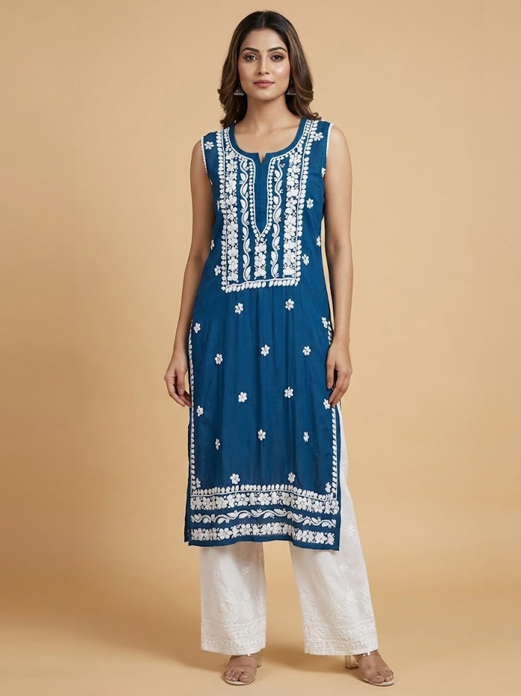Blue Muslin Chikankari Sleeveless Straight Kurti