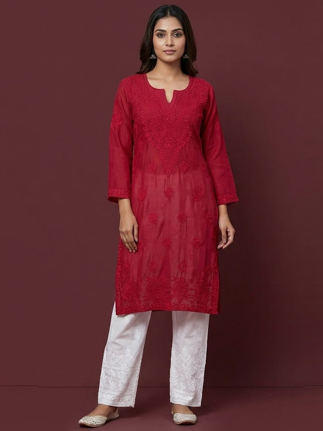 Maroon Chanderi Chikankari Straight Kurti