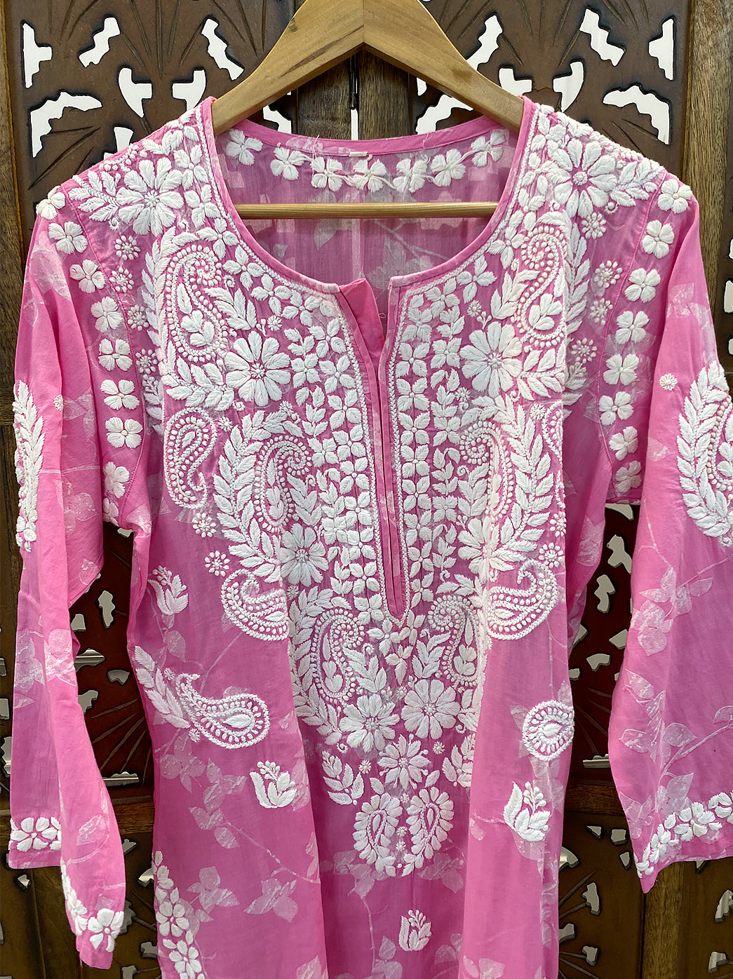 Pink Mulmul Printed Chikankari Straight Kurti