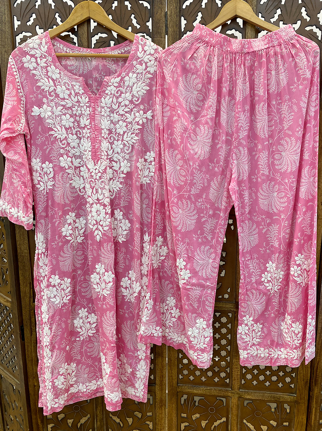 Pink Mulmul Chikankari Kurti Palazzo Set