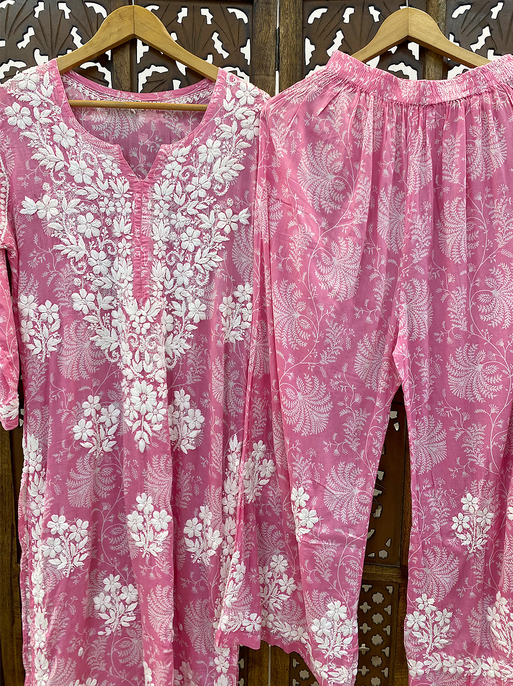 Pink Mulmul Chikankari Kurti Palazzo Set