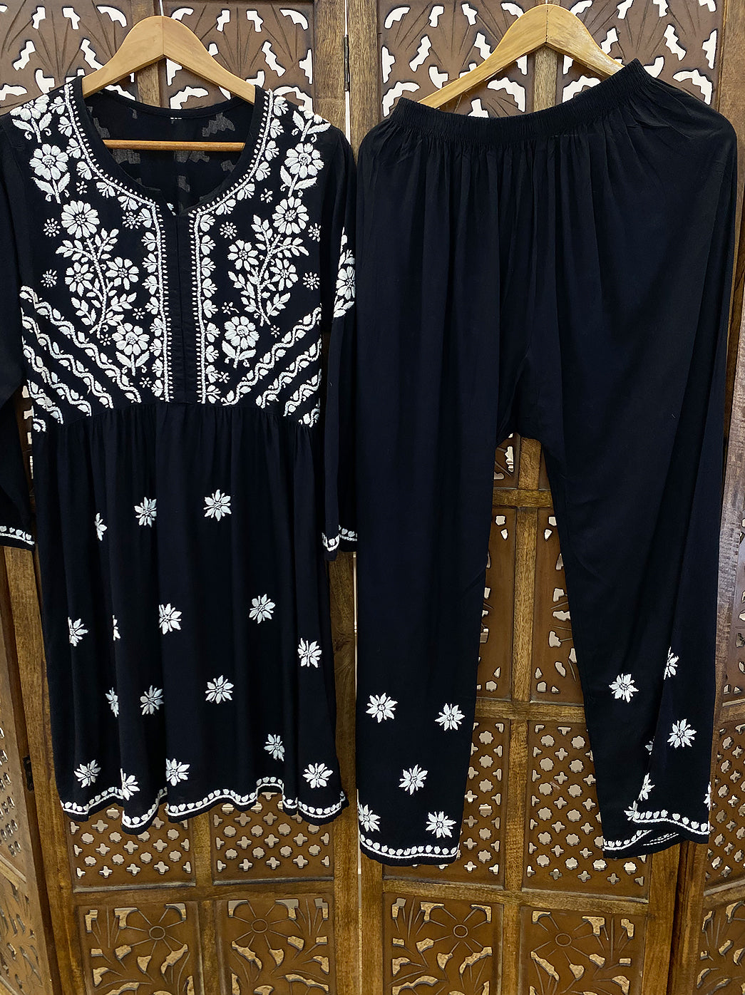 Black Rayon Chikankari Kurti Palazzo Set