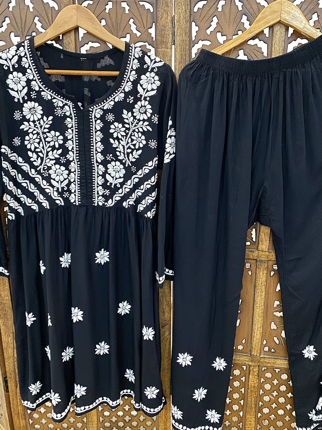 Black Rayon Chikankari Kurti Palazzo Set