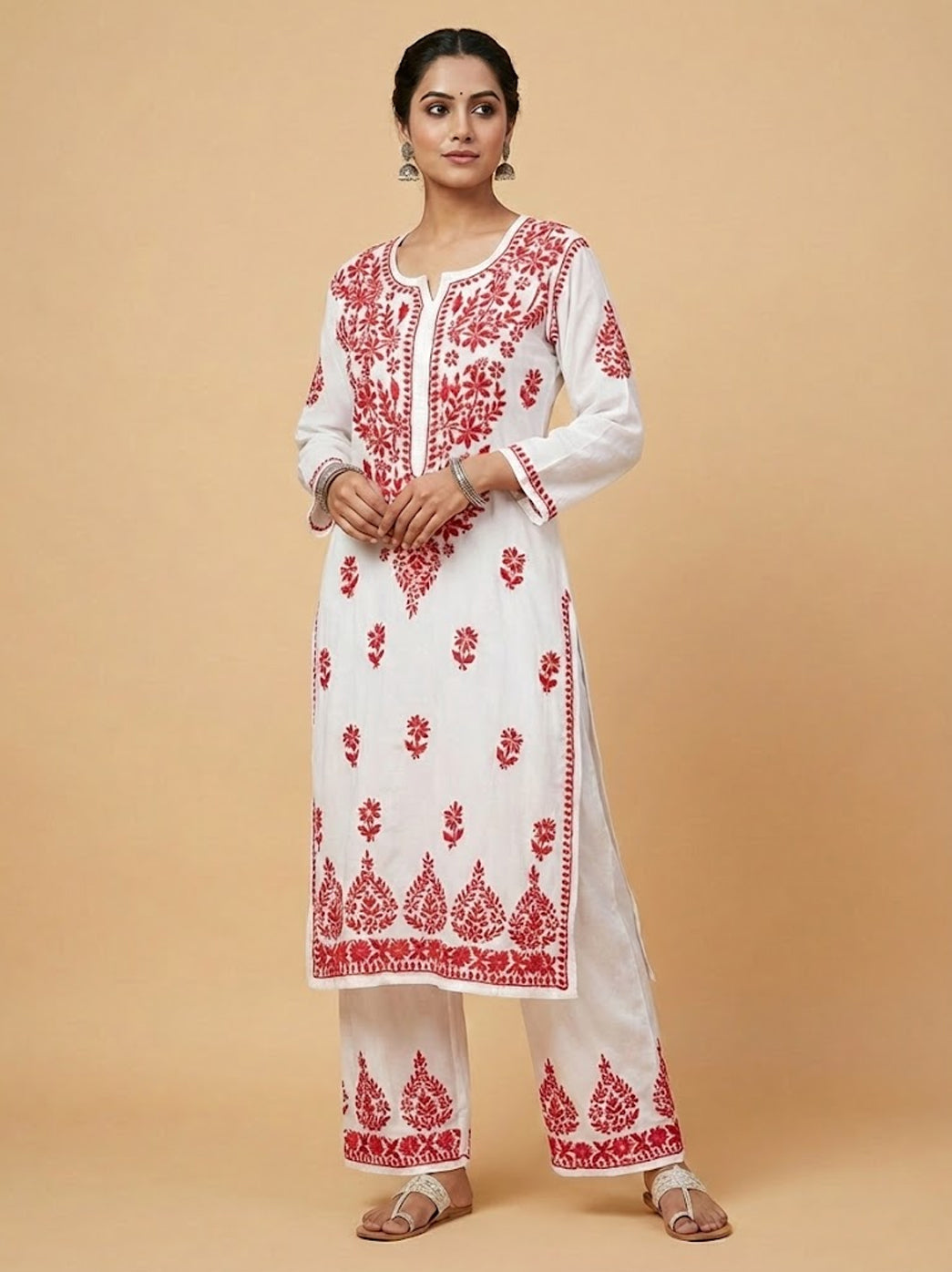 Red Modal Chikankari Kurti Palazzo Set
