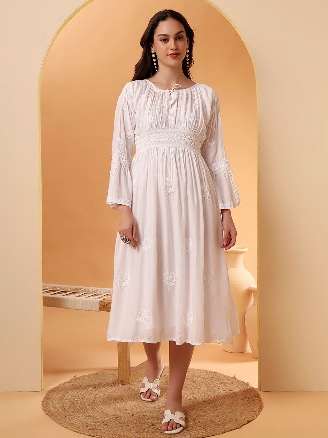 White Ezzah Muslin Chikankari Tunic Dress