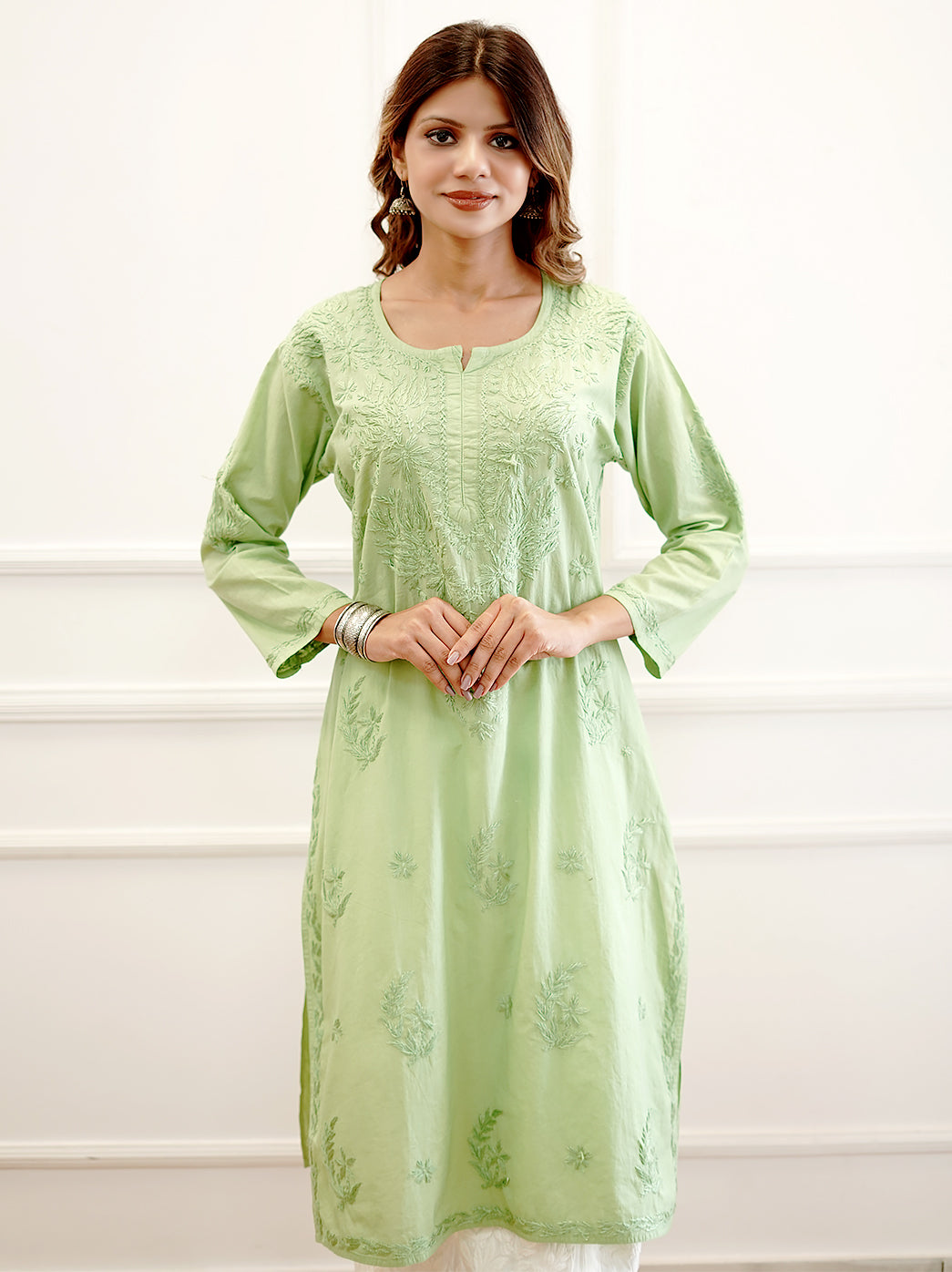 Pista Green Modal Chikankari Straight Kurti
