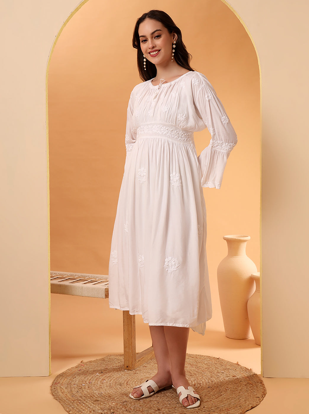 White Ezzah Muslin Chikankari Tunic Dress
