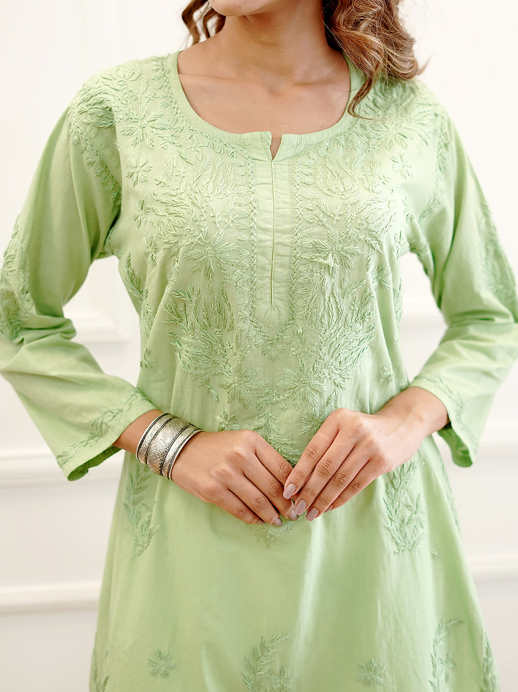 Pista Green Modal Chikankari Straight Kurti