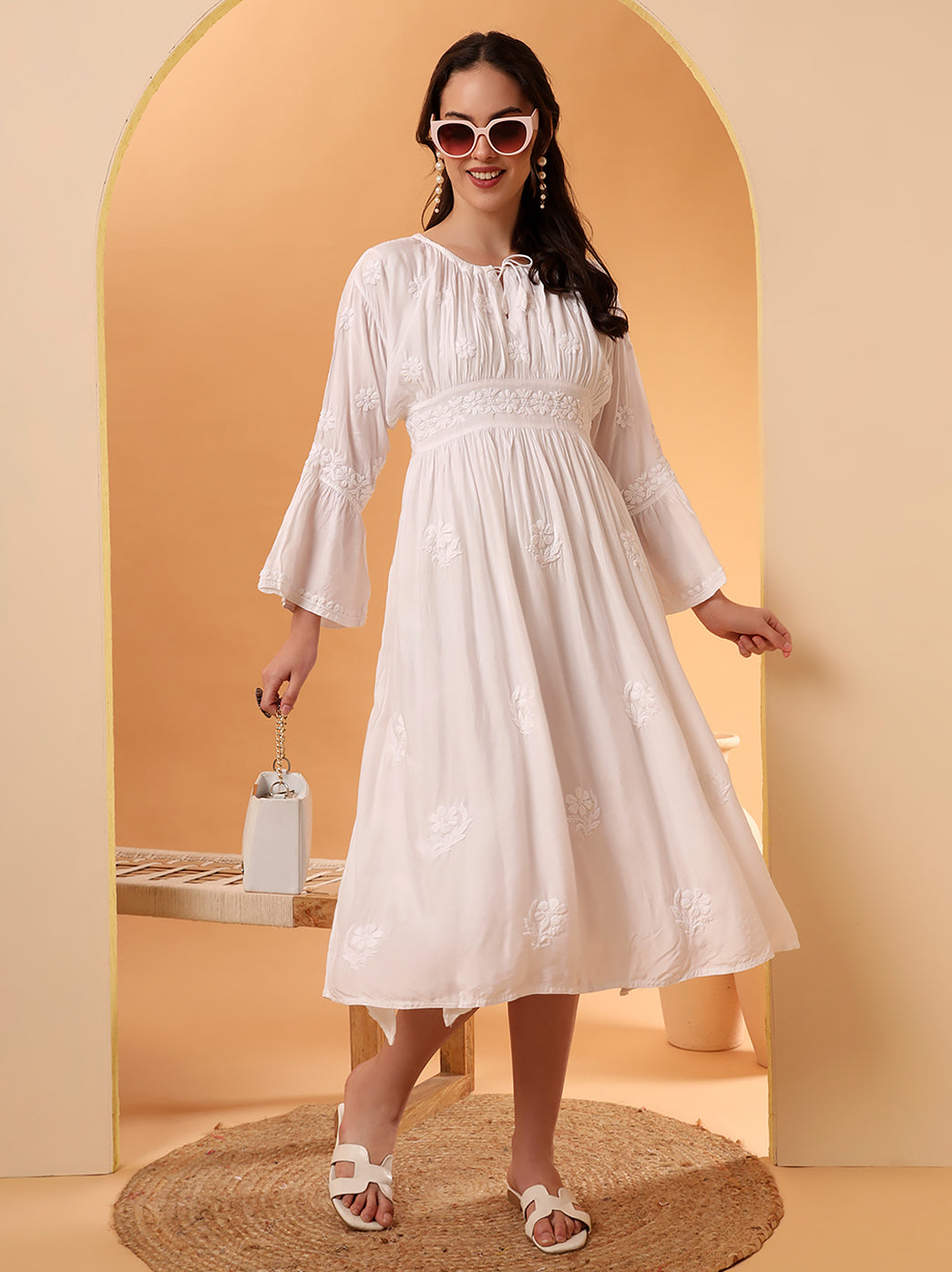 White Ezzah Muslin Chikankari Tunic Dress
