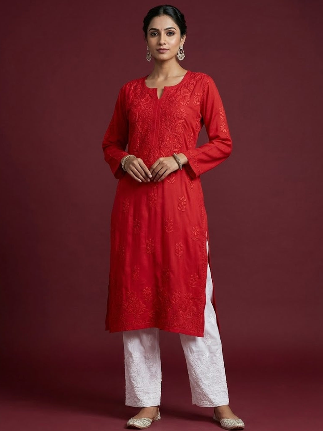 Red Crepe Chikankari Straight Kurti