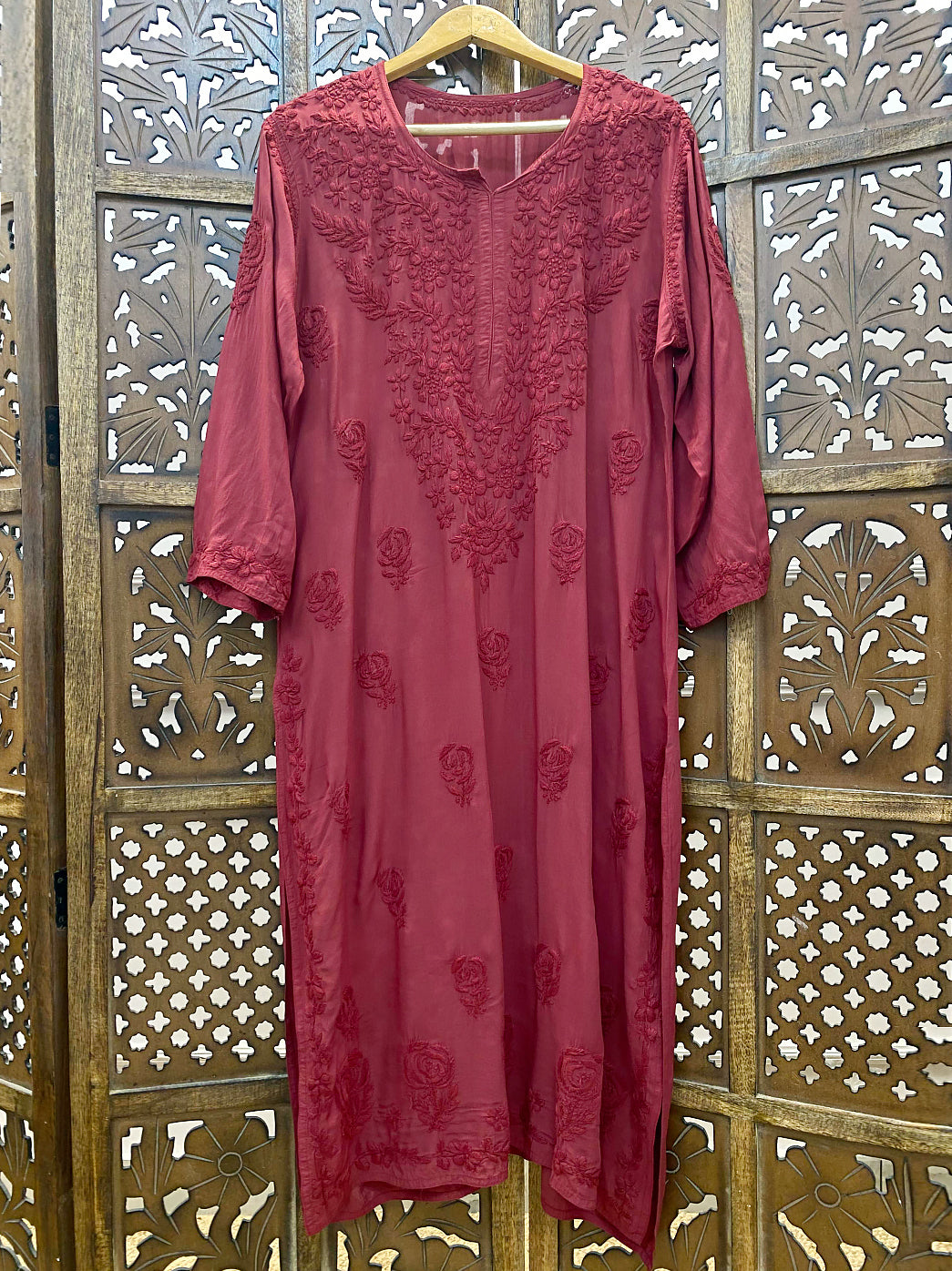 Red Modal Chikankari Straight Kurti