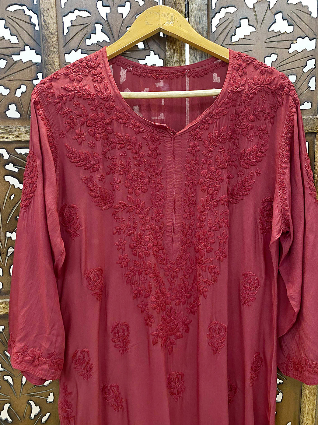 Red Modal Chikankari Straight Kurti