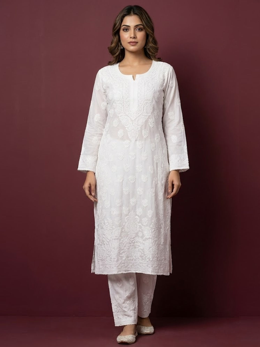 White Muslin Chikankari Straight Kurti