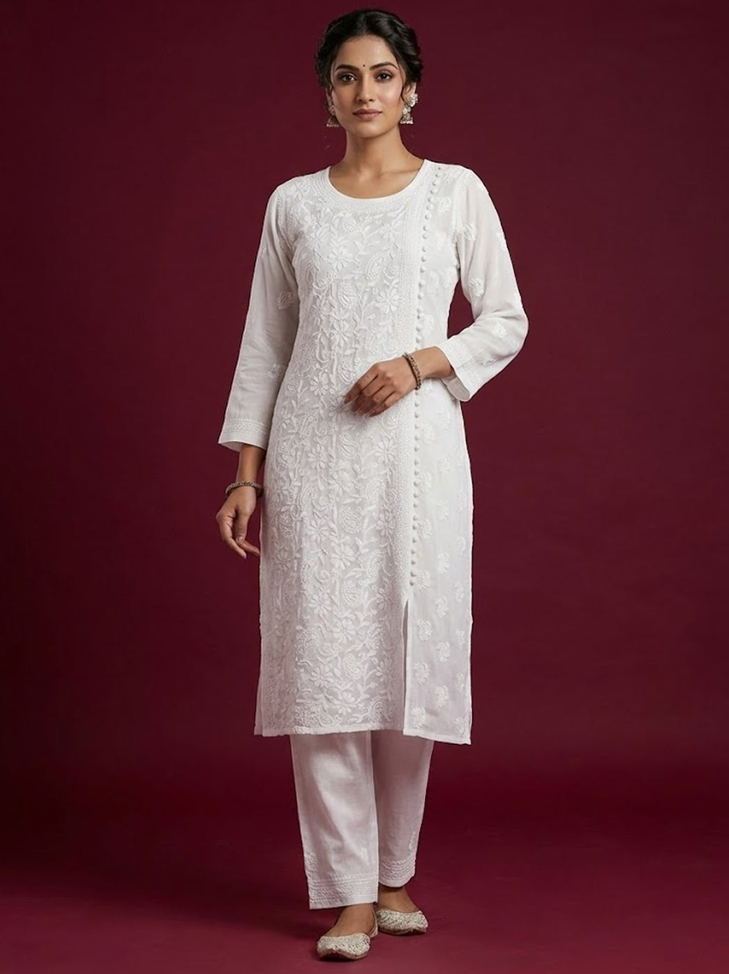 White Muslin Chikankari Straight Kurti