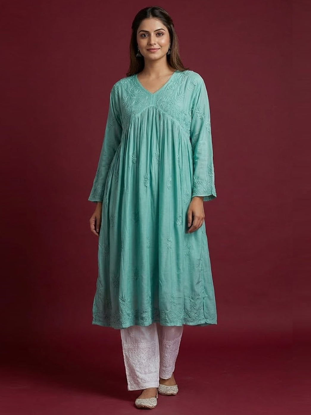 Green Muslin Chikankari Anarkali