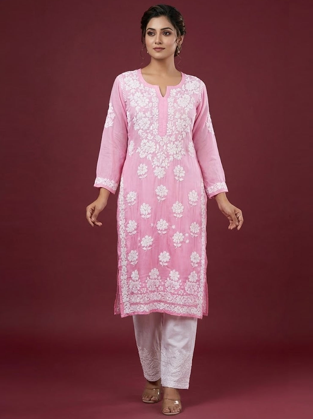 Baby Pink Ombre Satin Modal Chikankari Straight Kurti