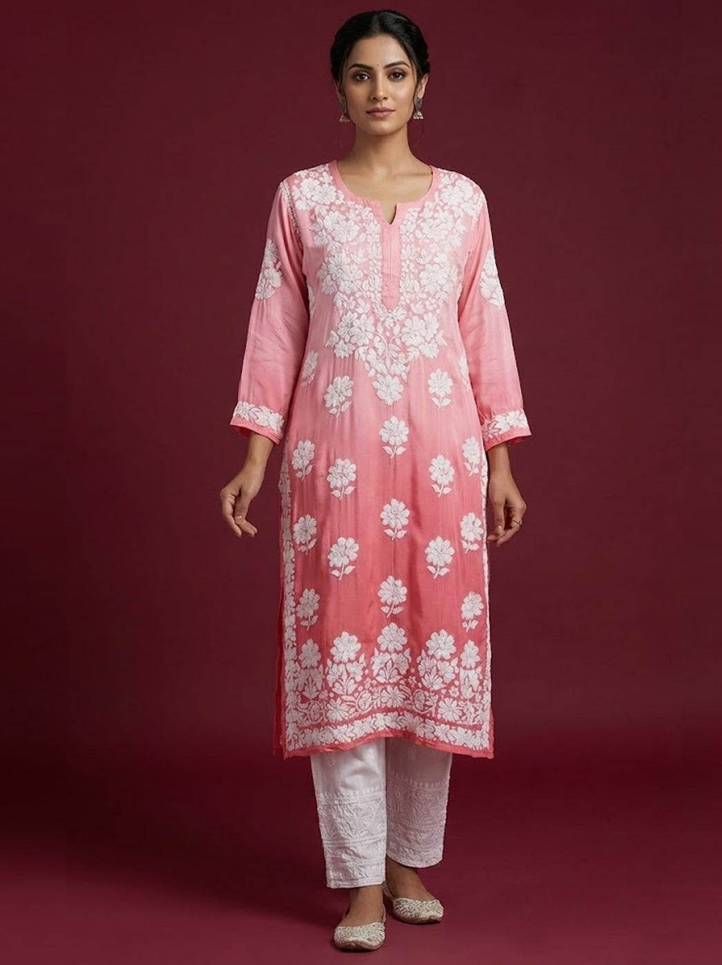 Peach Ombre Satin Modal Chikankari Straight Kurti