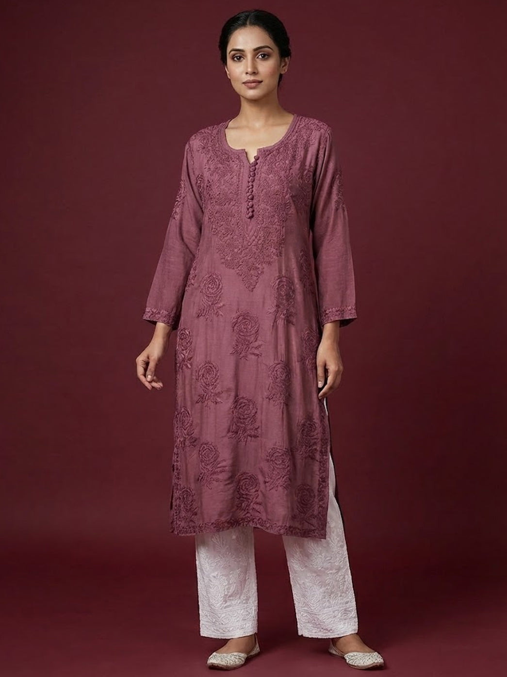 Wine Gulaab Muslin Chikankari Straight Kurti