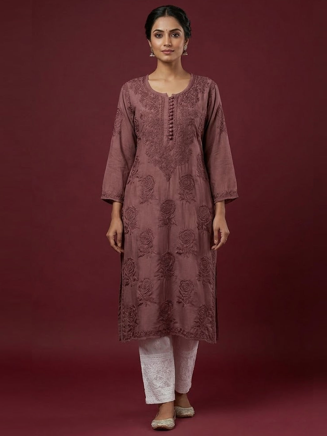 Choco Gulaab Muslin Chikankari Straight Kurti