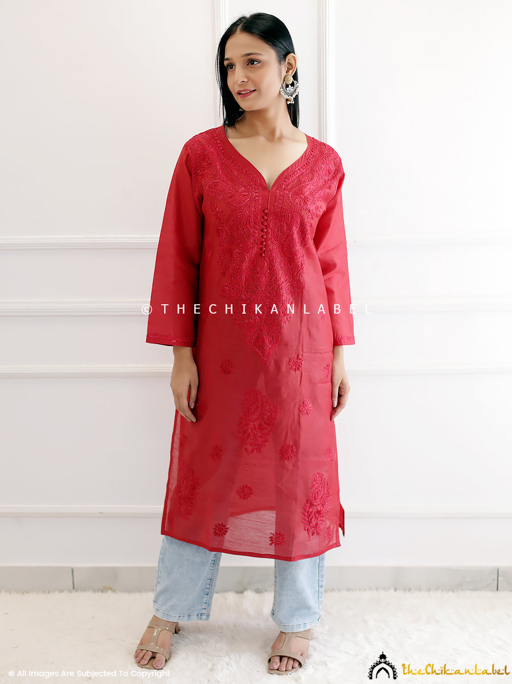 Red Cotton Chikankari Straight Kurti