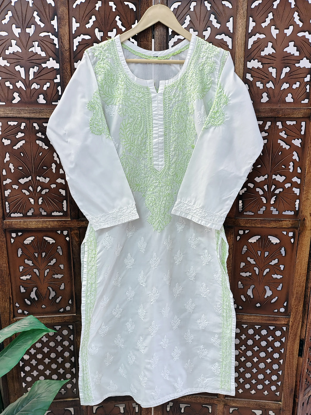 Green Cotton Chikankari Straight Kurti
