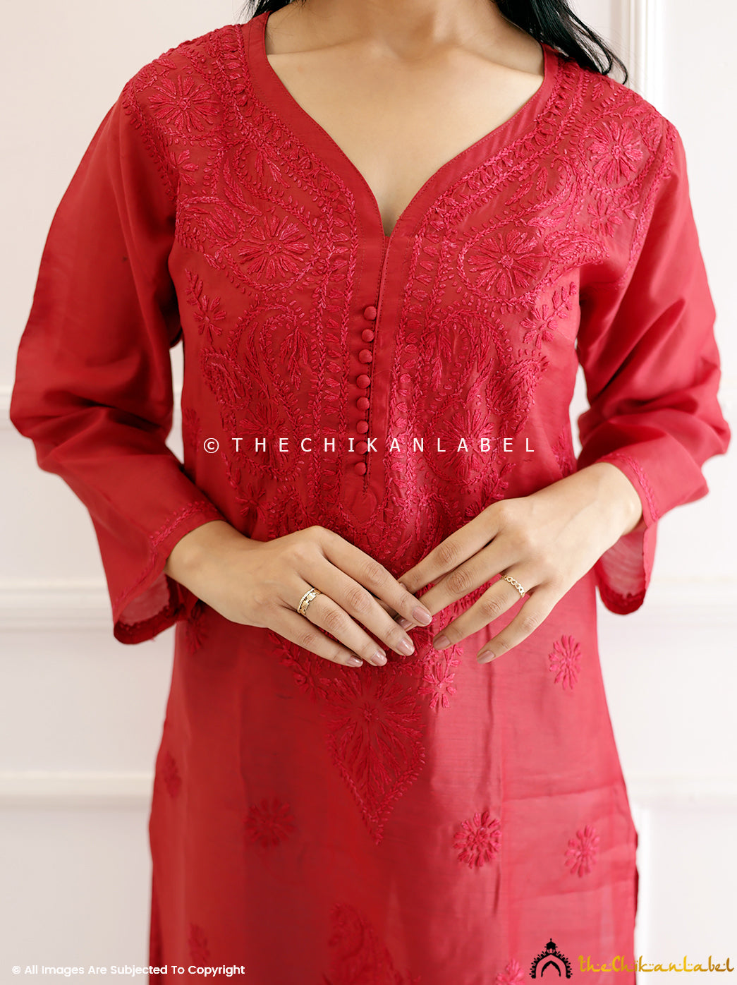 Red Cotton Chikankari Straight Kurti