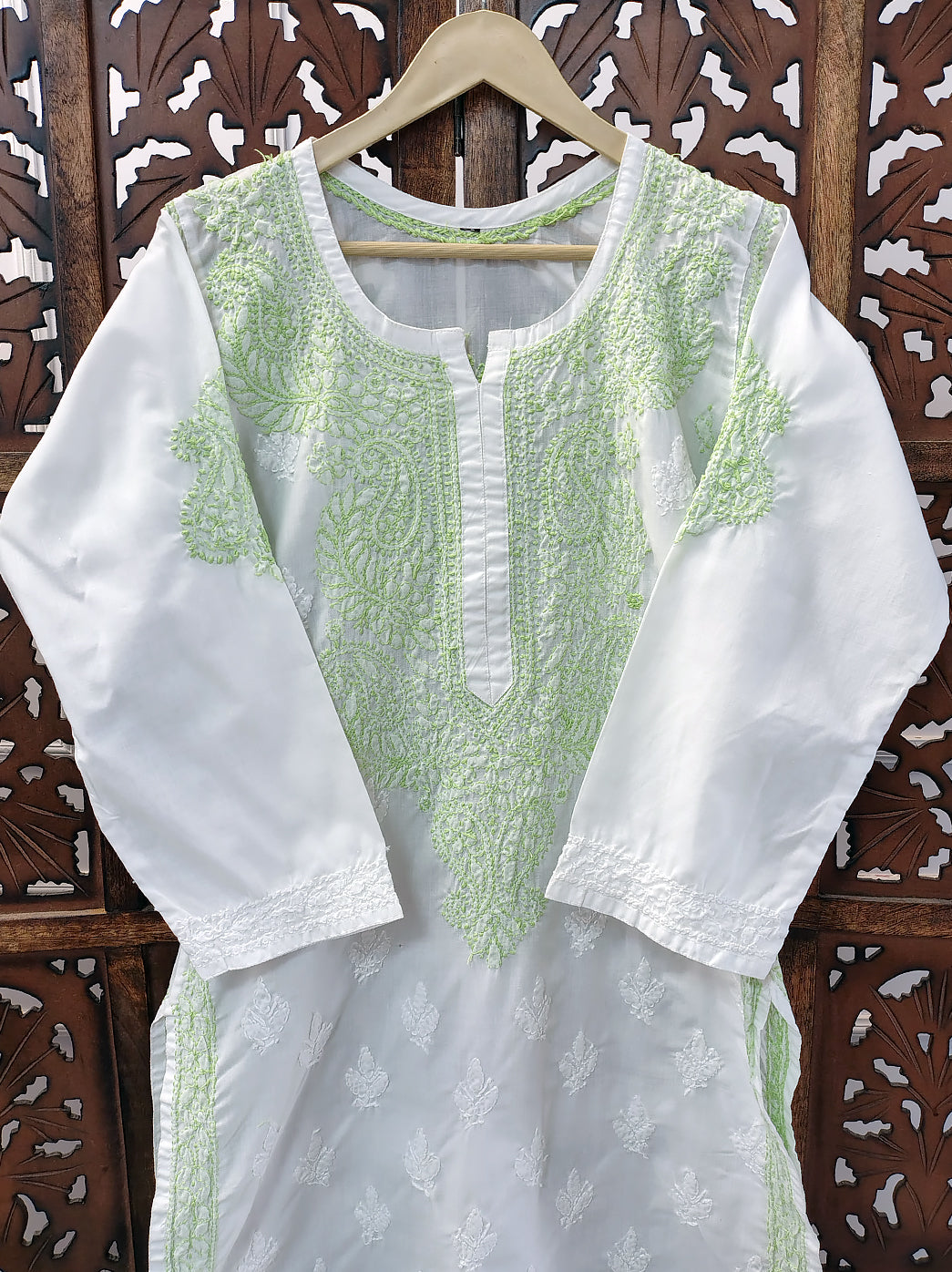 Green Cotton Chikankari Straight Kurti