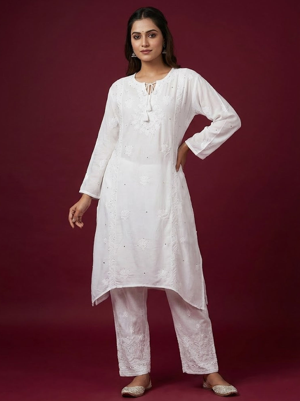 White Muslin Mukaish Chikankari Straight Kurti