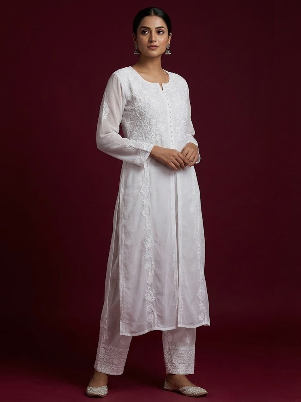 White Viscose Chikankari Slit Kurti