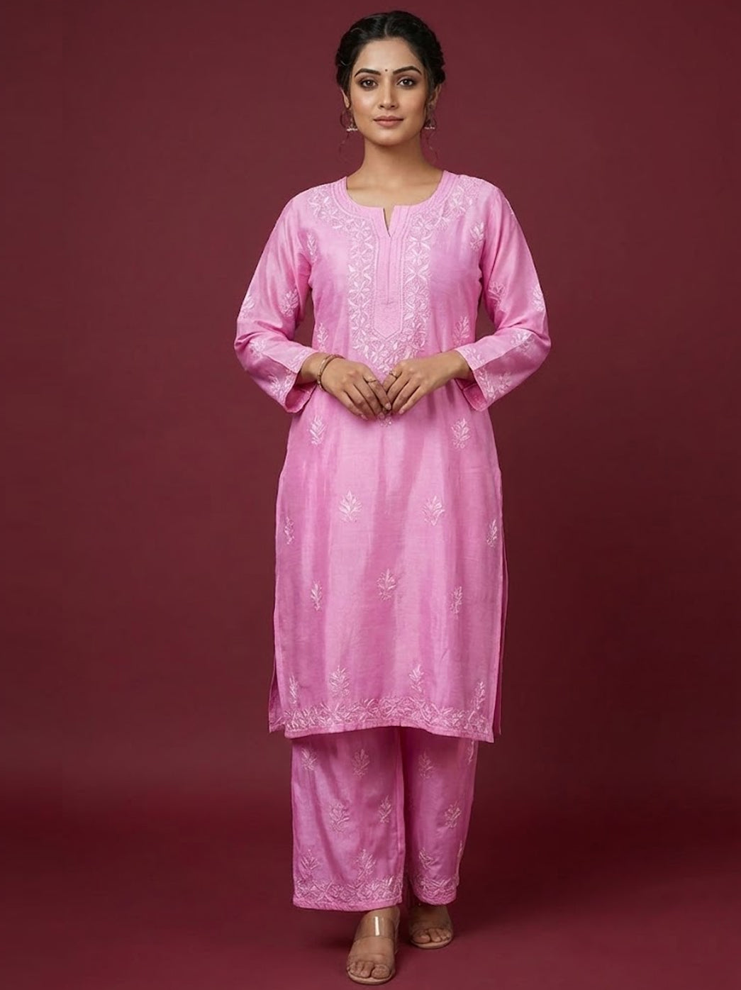 Pink Chanderi Chikankari Kurti Palazzo Set