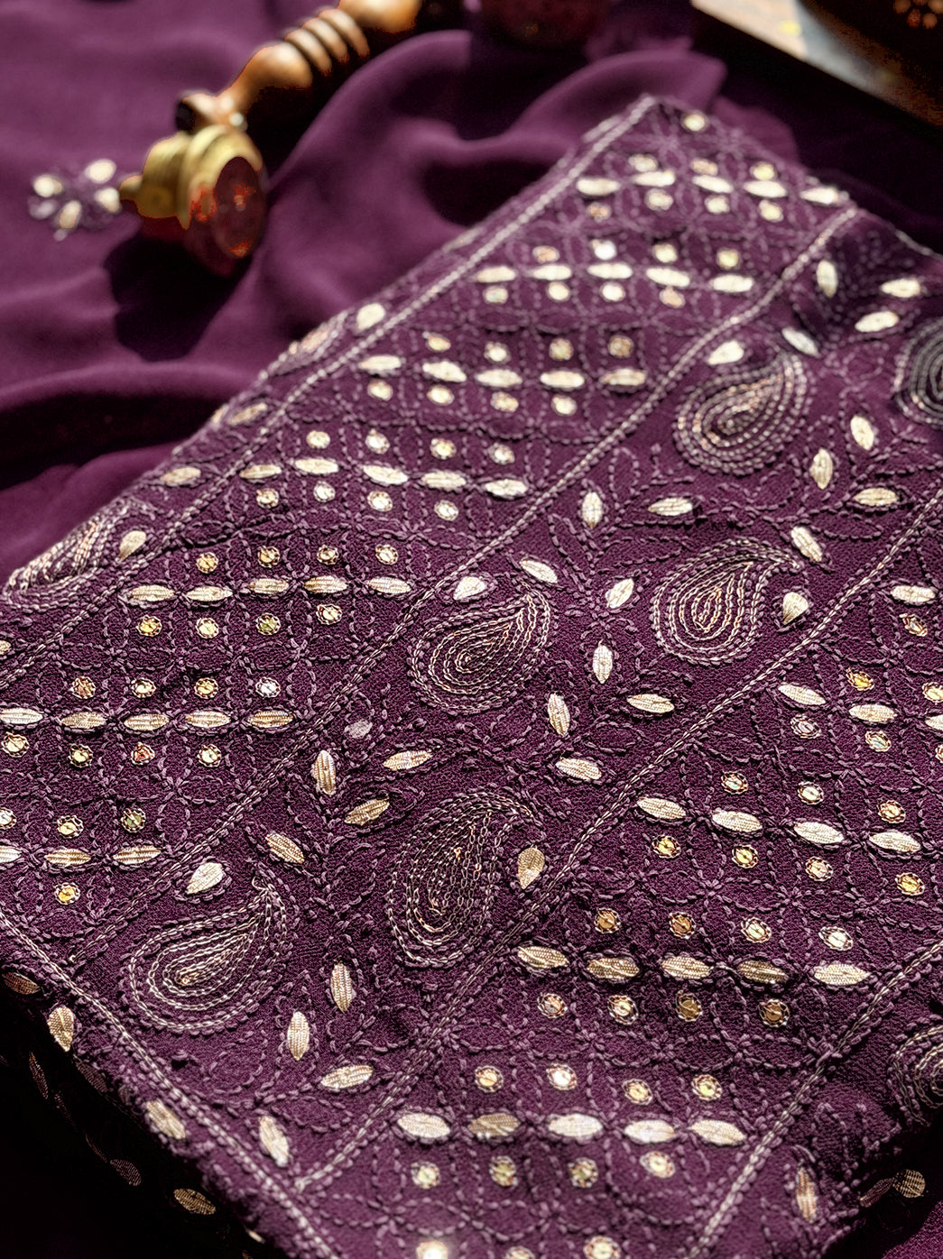 Wine Viscose Chikankari Un-Stitched Kurti Piece with Dupatta