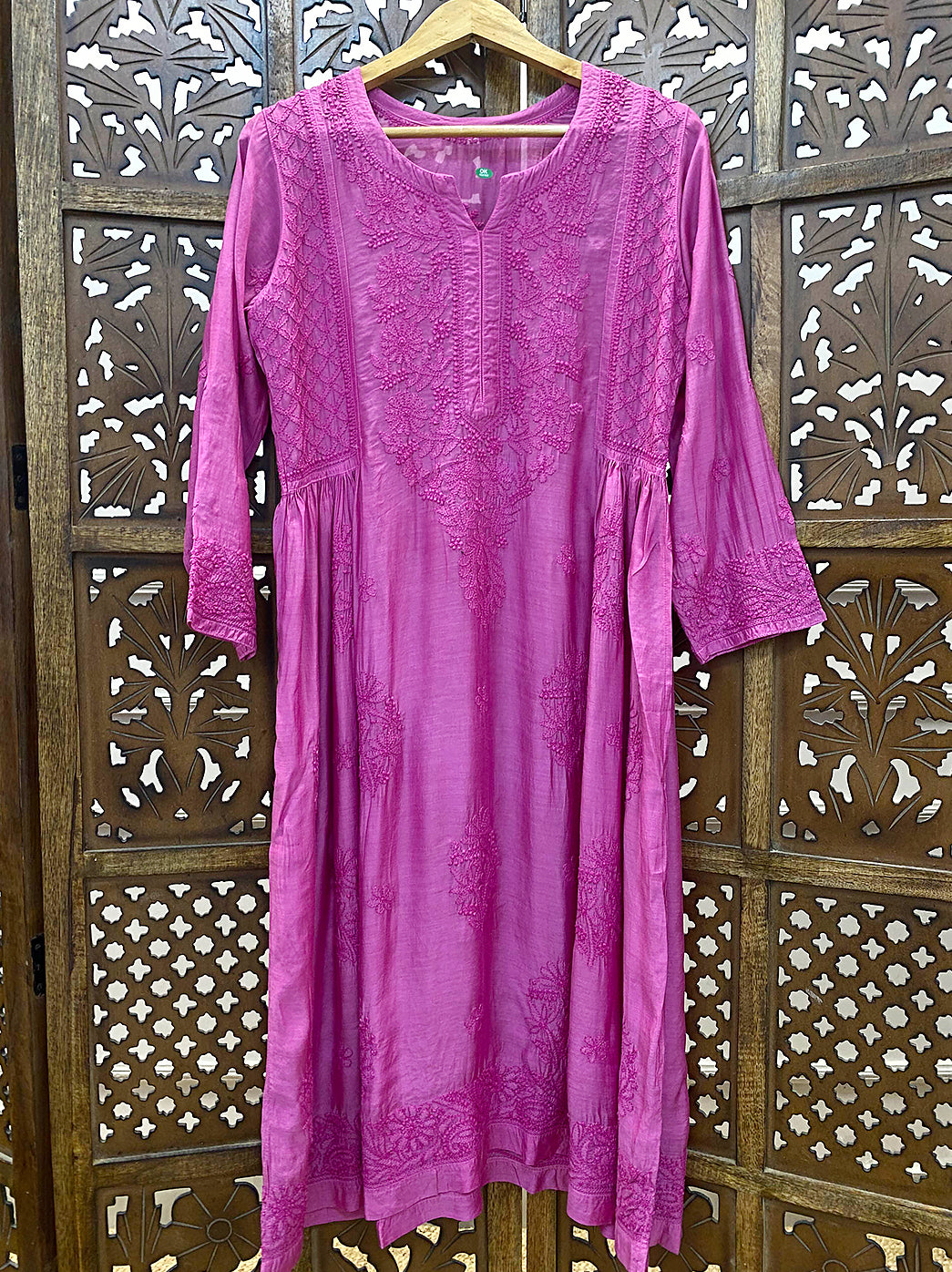 Hot Pink Muslin Chikankari A-Line Kurti