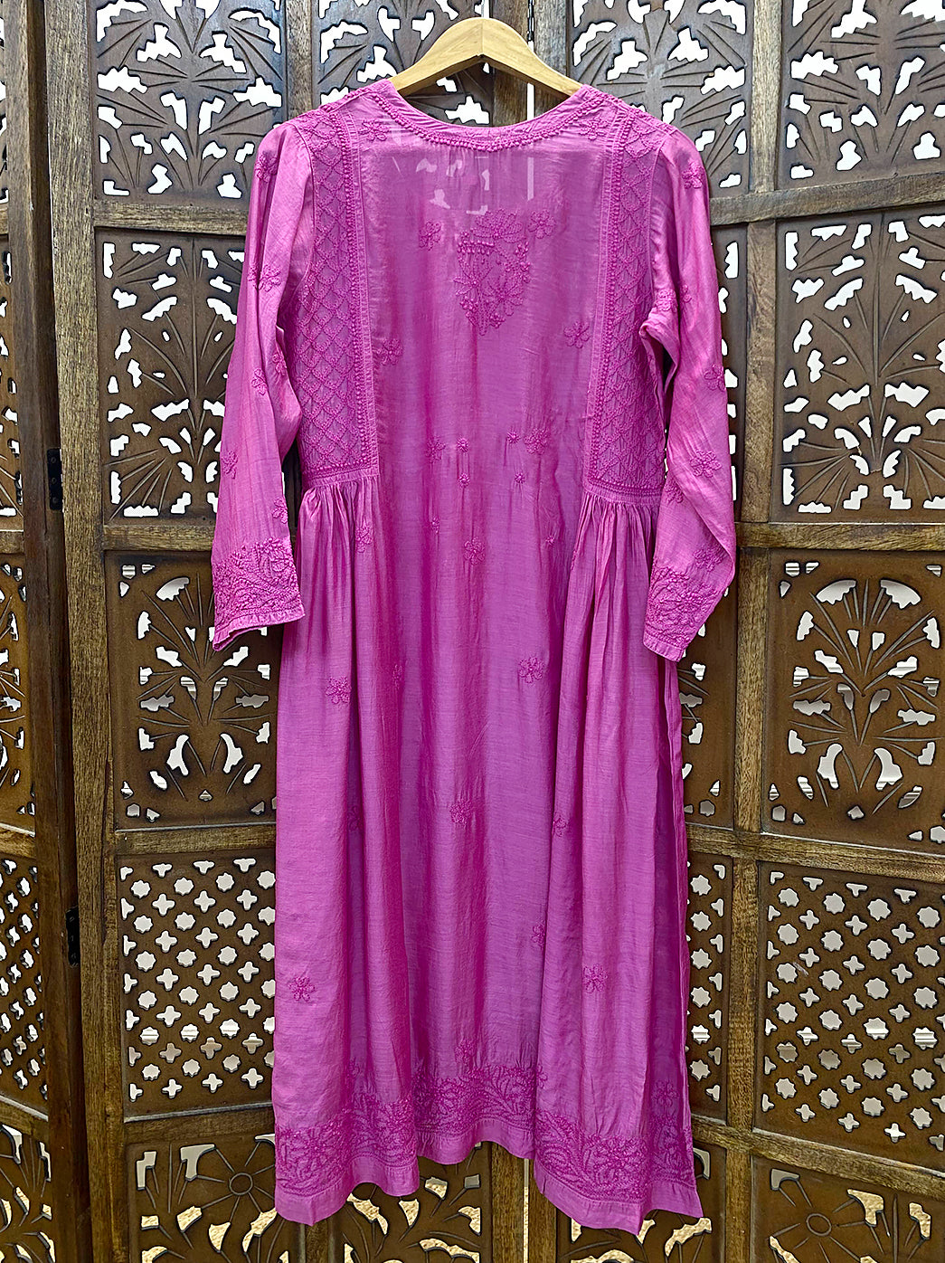 Hot Pink Muslin Chikankari A-Line Kurti