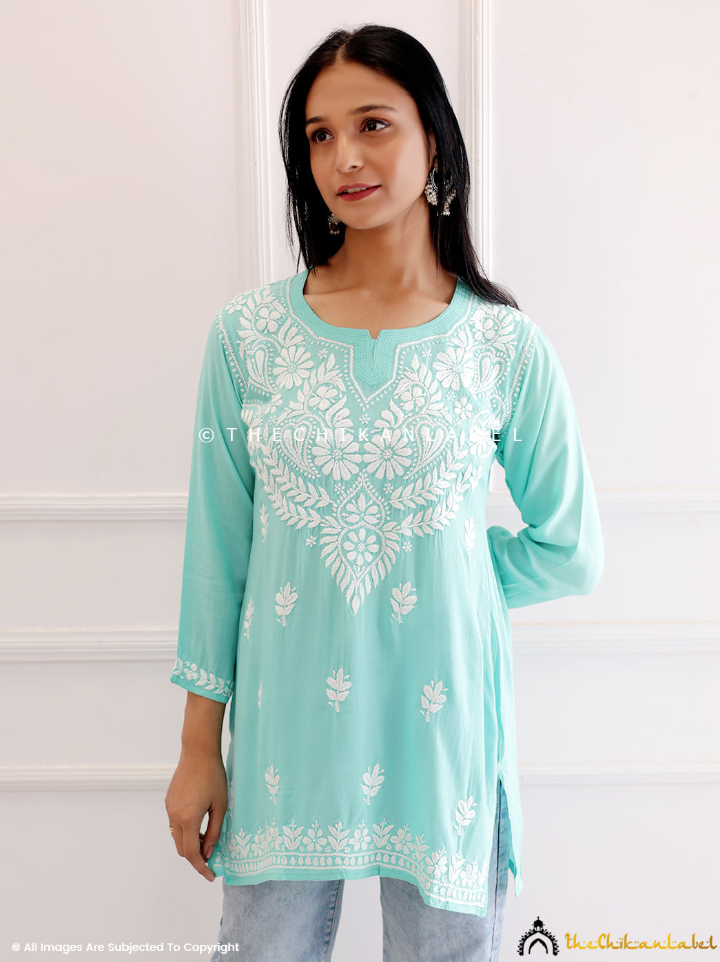 Sea Green Modal Chikankari Short Kurti