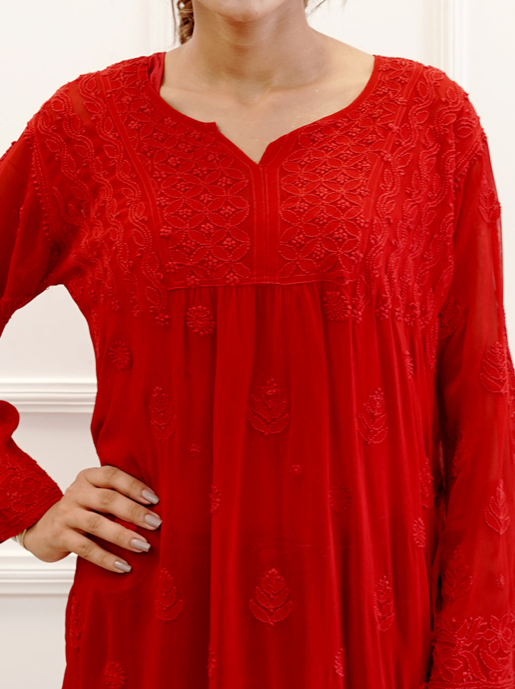 Red Viscose Chikankari Peplum Top