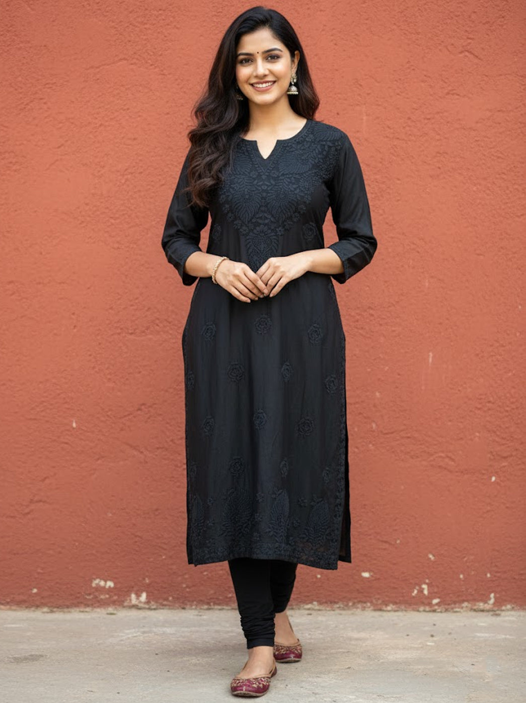 Black Chanderi Chikankari Straight Kurti