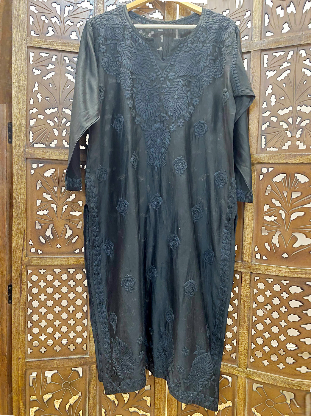 Black Chanderi Chikankari Straight Kurti