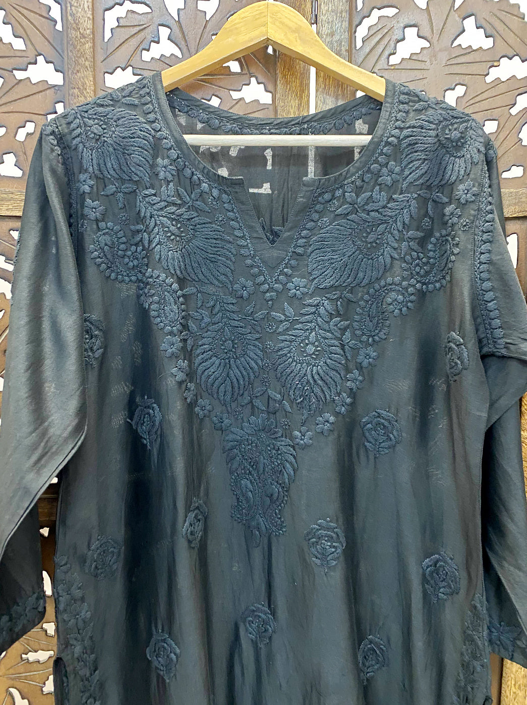 Black Chanderi Chikankari Straight Kurti