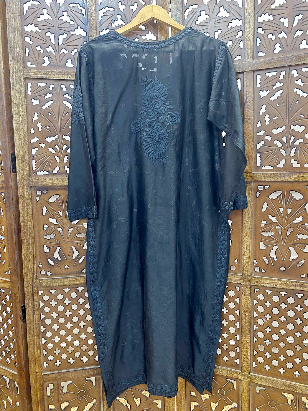 Black Chanderi Chikankari Straight Kurti