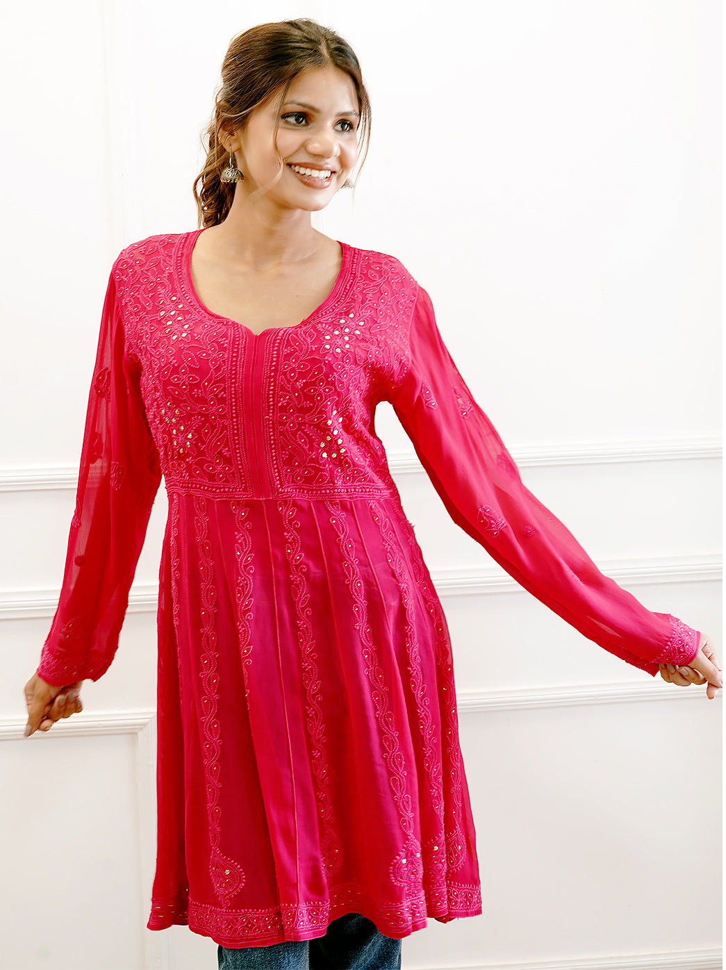 Pink Viscose Chikankari Short Top