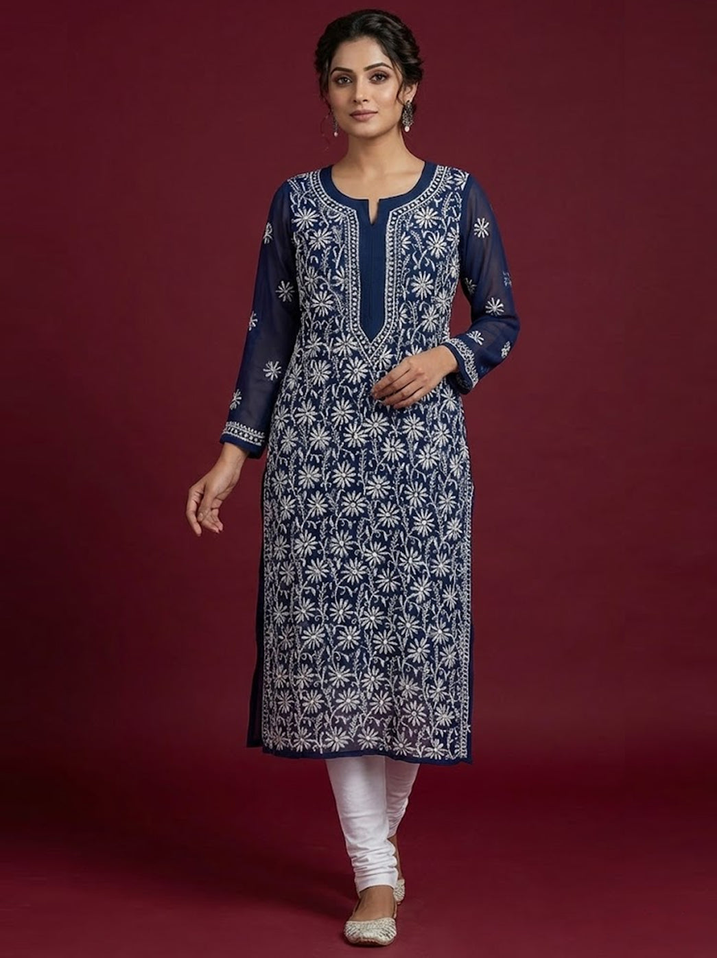 Blue Georgette Chikankari Straight Kurti