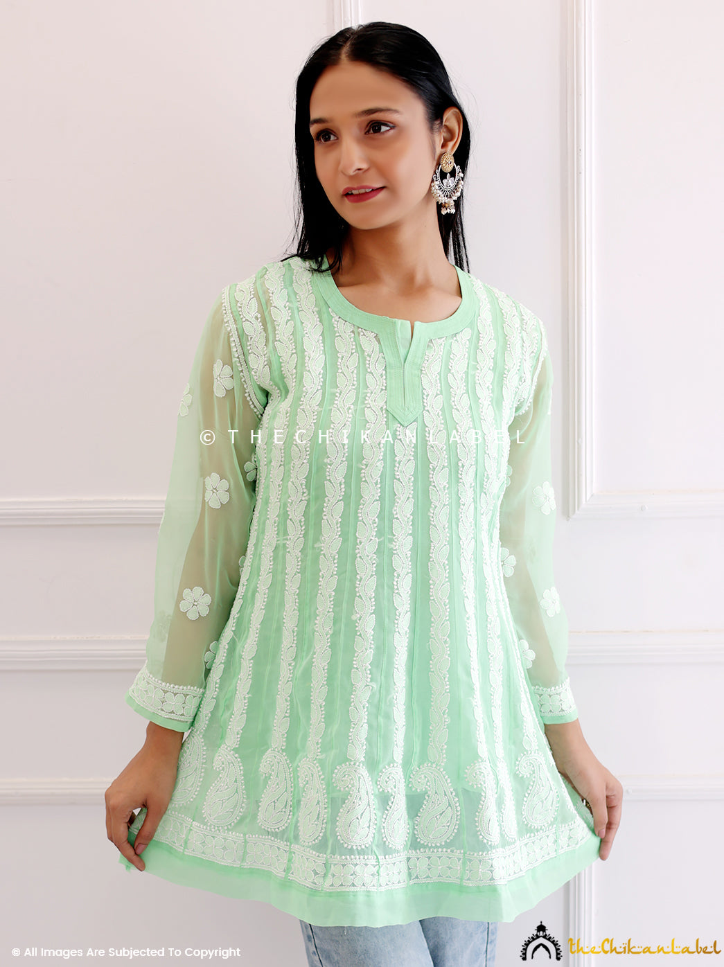 Green Georgette Chikankari Short Anarkali Kurti