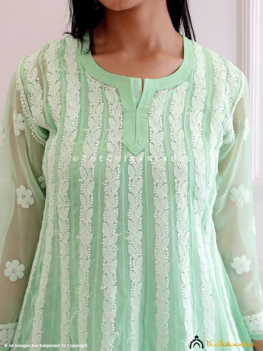 Green Georgette Chikankari Short Anarkali Kurti