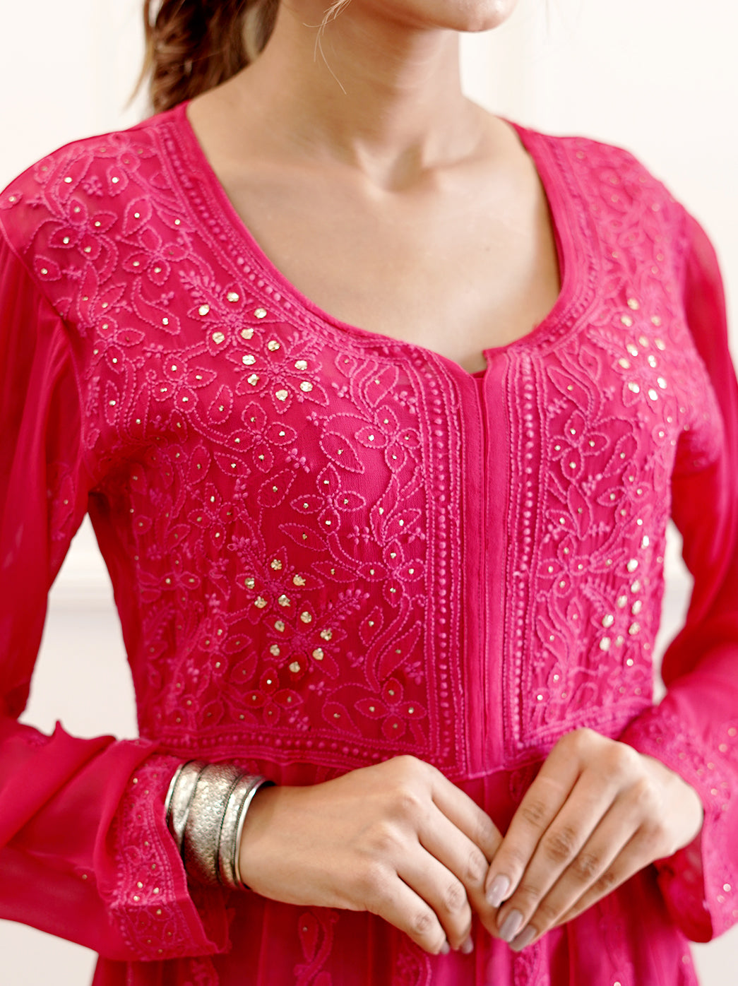 Pink Viscose Chikankari Short Top